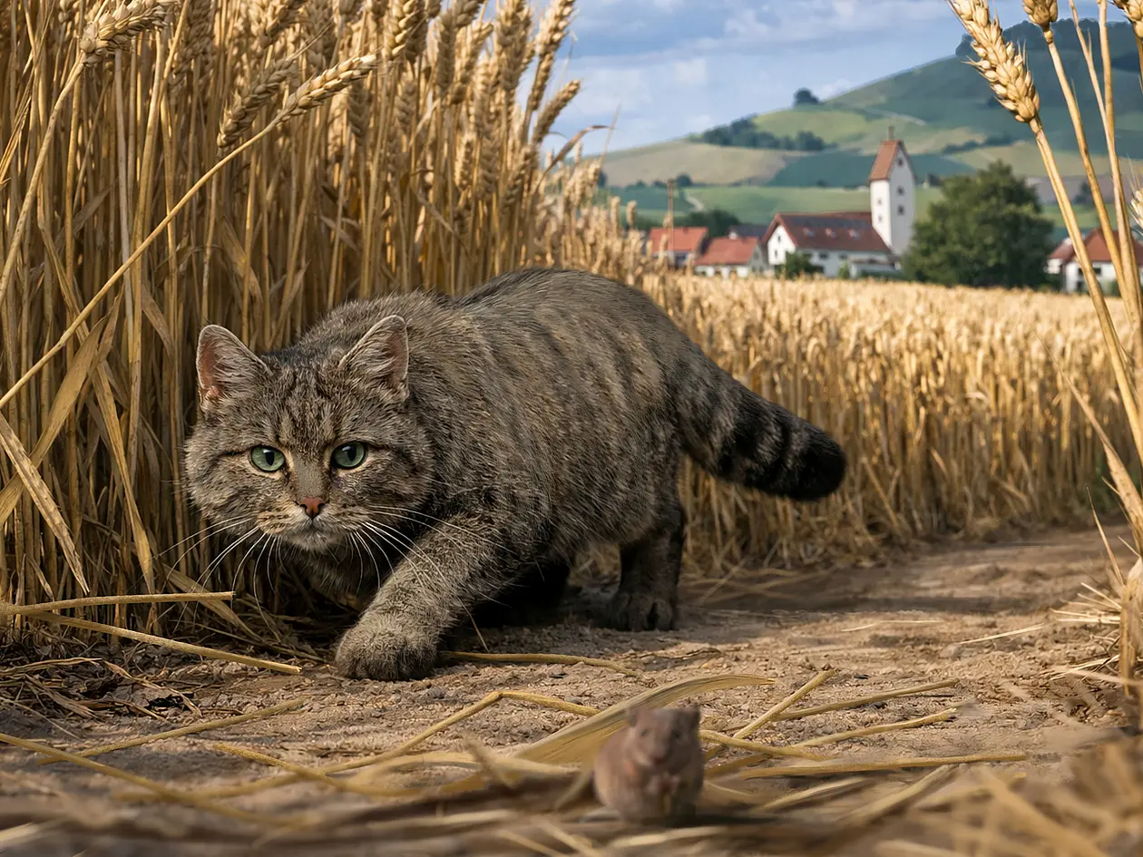 Eine Wildkatze geht im Getreidefeld auf die Jagd . Im Hintergrund Häuser.