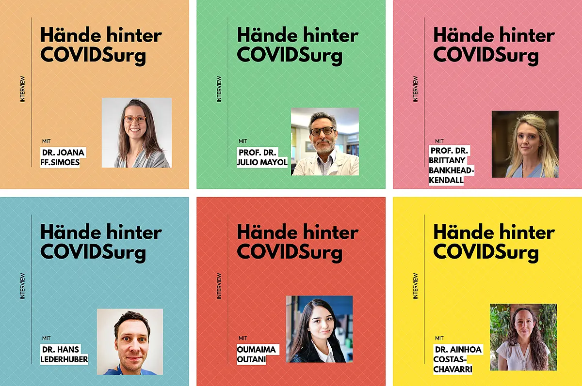 Das Bild zeigt Cover-Abbildungen zu den bebilderten Interviews mit Expertinnen und Experten der COVIDSurg Collaborative