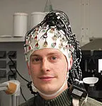 Human subject wearing EEG recording gear