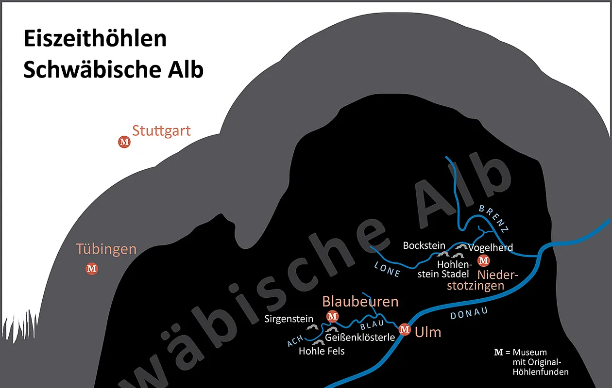 Insgesamt sechs Höhlen im Lonetal und im Achtal wurden von der UNESCO zum Weltkulturerbe erklärt. Grafik: Universität Tübingen