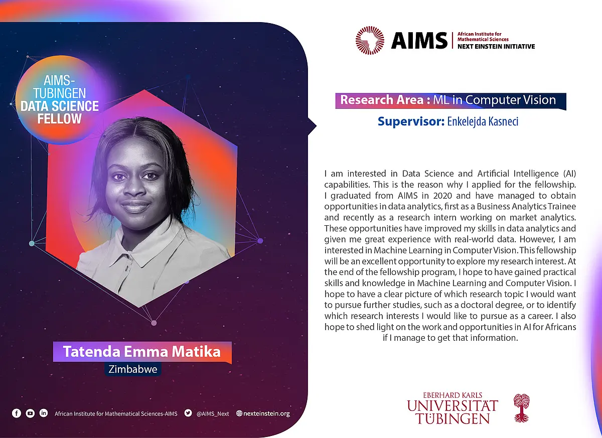 Portrait von AIMS Fellow Tatenda Emma Matika und einer Beschreibung warum sie am Programm teilnimmt