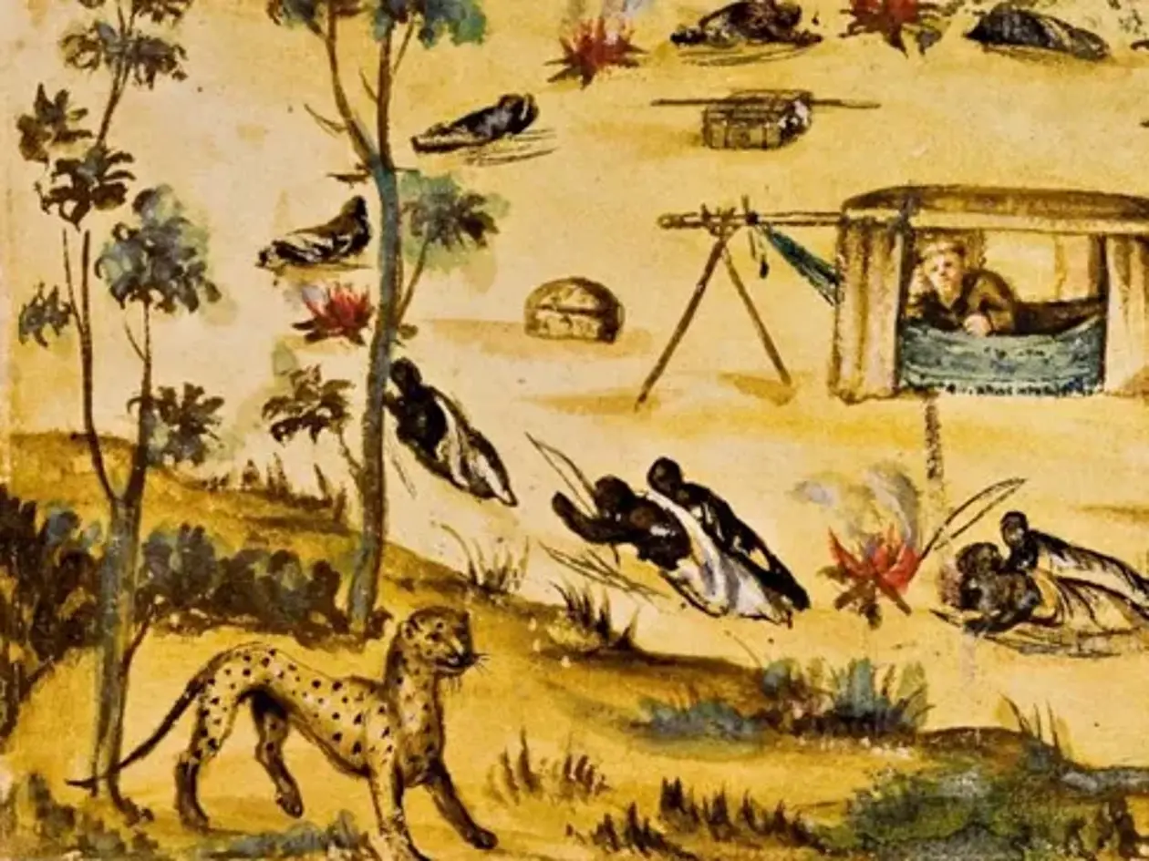 Darstellung eines Kapuzinermissionars in einer Sänfte, umgeben von einer Gruppe Menschen mit Bögen. Im Vordergrund die Darstellung eines Leoparden.