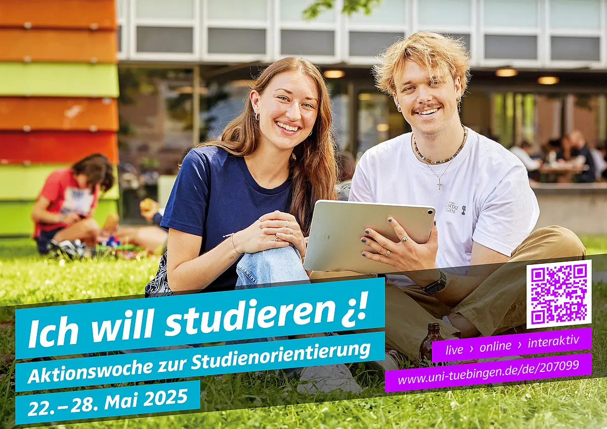 Flyer: Aktionswoche zur Studienorientierung, 22.-28. Mai 2025. Live, online, interaktiv. Ohne Anmeldung. Fachübergreifende Infos zu Studienwahl und Bewerbung