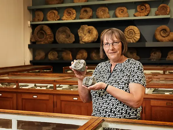 Prof. Madelaine Böhme mit 3D-Drucken der Backenzähne von Buronius und Danuvius: In der Grabungsstätte Hammerschmiede im Allgäu stieß sie bereits auf zwei bislang unbekannte Arten ausgestorbener Menschenaffen. 