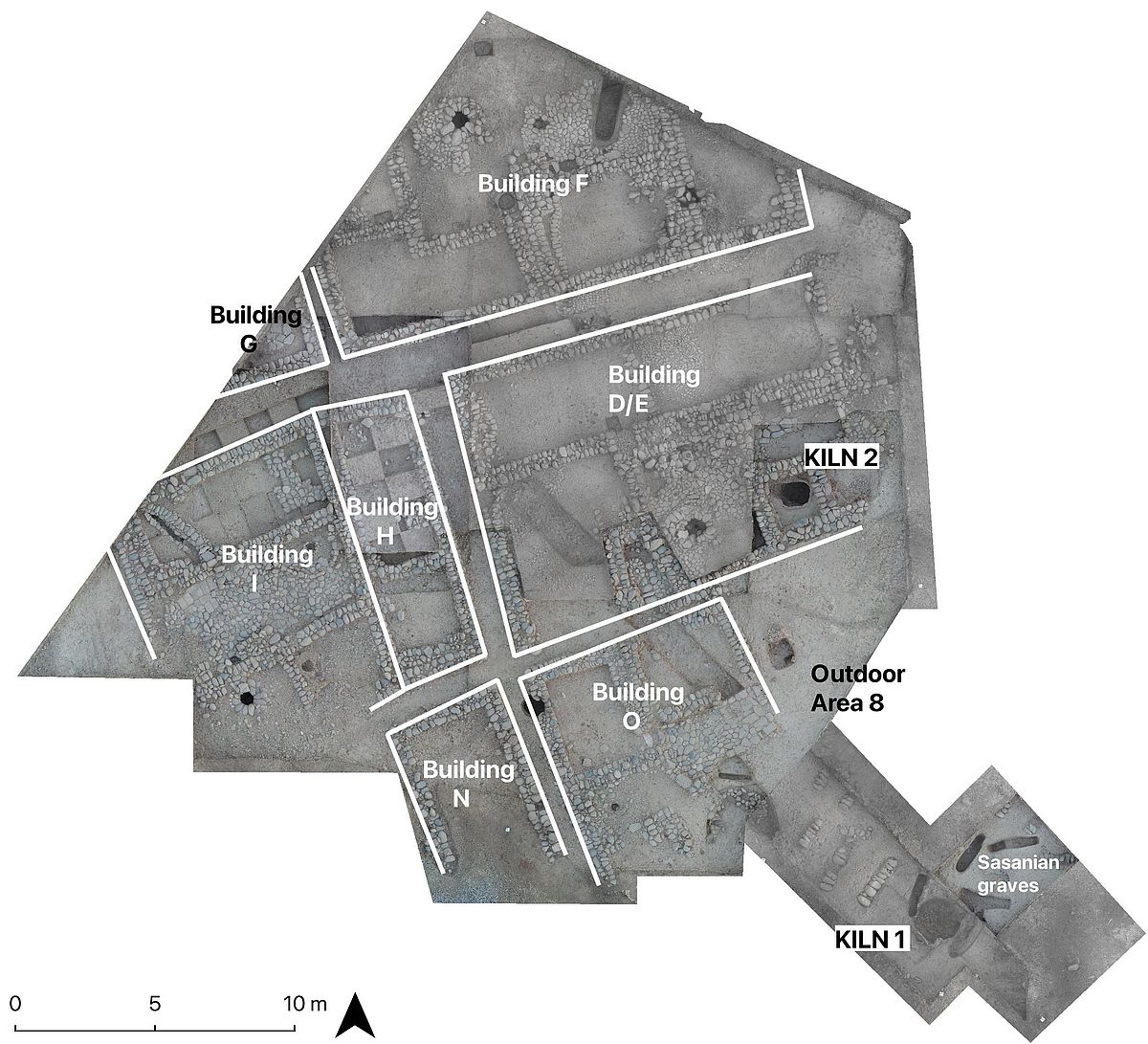 Aerial view of the buildings and kilns unearthed in the western part of Gird-i Bazar.