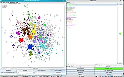 Der statistische Vergleich von Sprachen führt zu Punkteclustern. Die räumliche Nähe der austronesischen Sprachen (blaue Punktewolke unterhalb des Zentrums) und der Tai-Kadai-Sprachen (grün direkt darunter) deutet auf eine relativ enge Verwandtschaft d