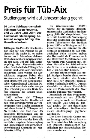 Preis für Tüb-Aix - aus: Schwäbischen Tagblatt, 21.06.2010.