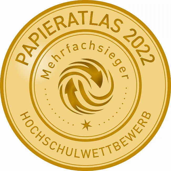 Goldenes Logo mit der Aufschrift "Papieratlas 2022, Mehrfachsieger, Hochschulwettbewerb"