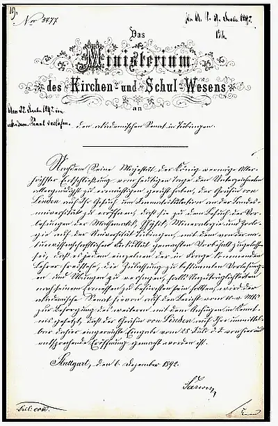 Abbildung der Zulassung Maria von Lindens zum Studium vom 6. Dezember 1892. 