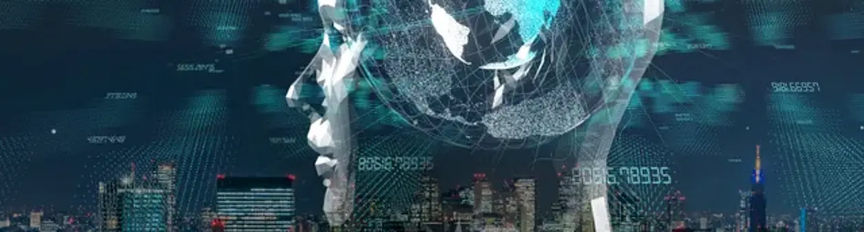 Thy symbolic picture represents the key areas of the program. It shows the face of a virtual person which has a globe where her brain should be in front of an illuminated skyline. Everything looks very "cyber".