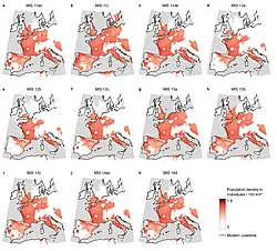 Maps of ancient human population densities in Western Europe between 560,000 and 360,000 years ago.