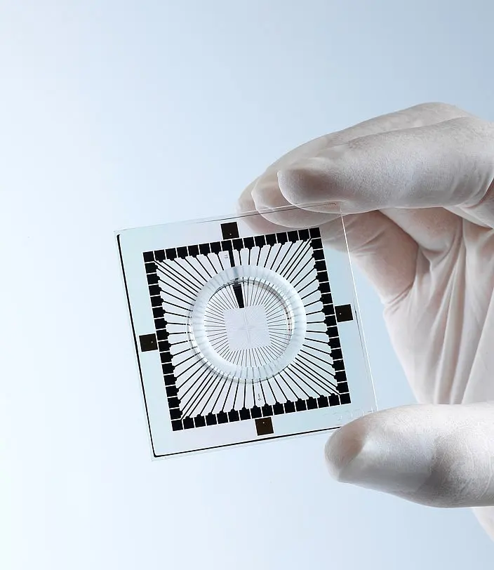 Dieser Mikrochip kann über 60 Elektroden die Entladung von Zellen messen. 