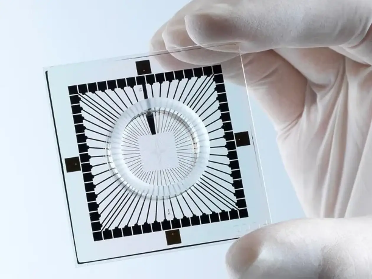 Dieser Mikrochip kann über 60 Elektroden die Entladung von Zellen messen. 