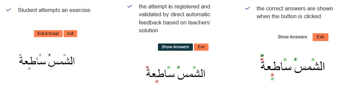 Übung zu diakritischen Zeichen im Arabischen: Antwort von Studierenden (links) mit Feedback (Mitte) und korrekter Lösung (rechts)