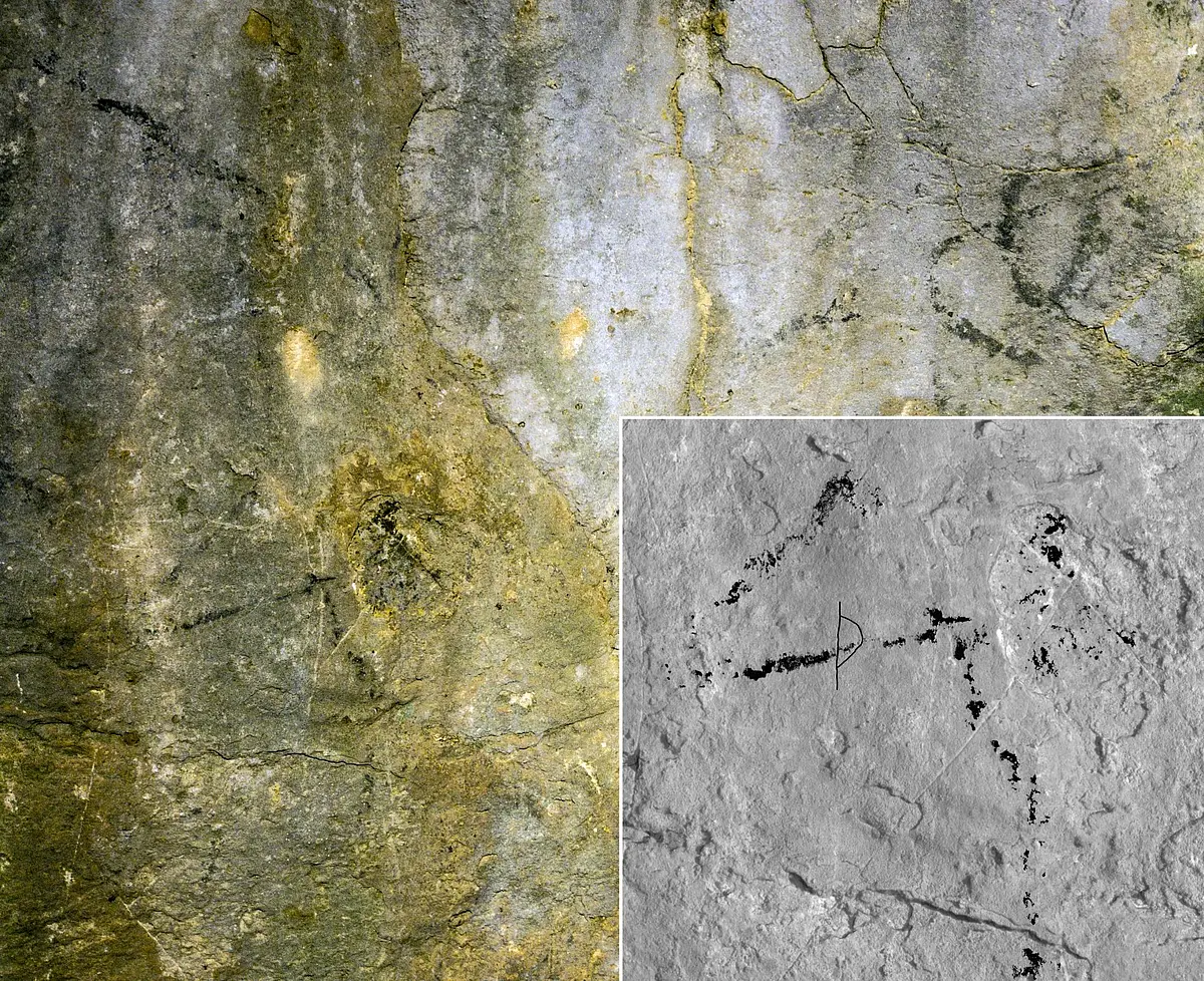 Malerei eines Pferdevorderkörpers in der Höhle Agneux I, Rully, Saône-et-Loire, Frankreich, unten rechts Vergrößerung des Tierkopfes