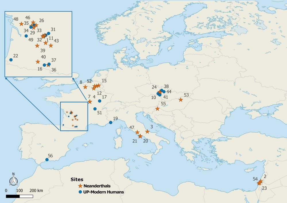 Map of Europe and North Africa showing the locations of the analysed teeth. 