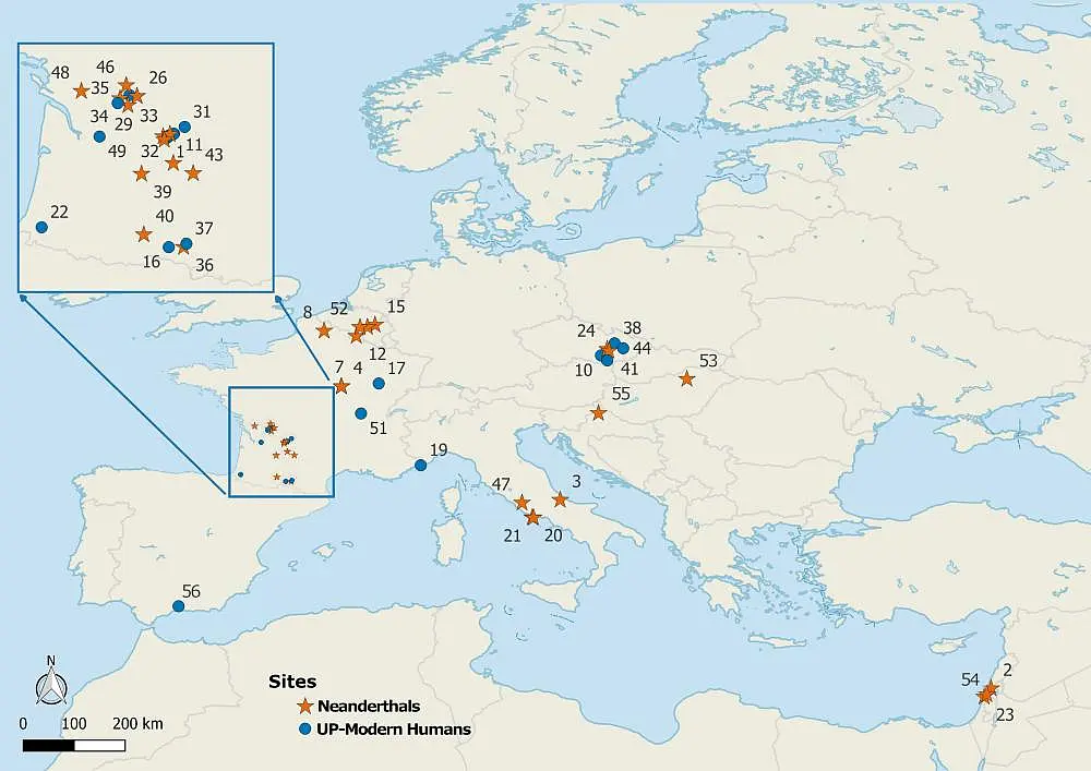 Karte mit Europa und Nordafrika, auf der die Fundorte der untersuchten Zähne eingezeichnet sind. 