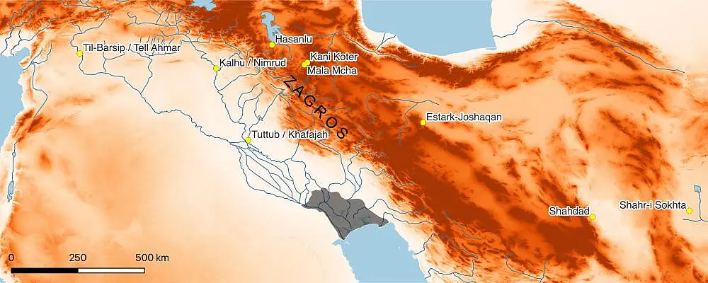 Red-brown map showing, among other things, the Iranian Zagros Mountains. The Kani Koter site is marked in the center at the top of the map.