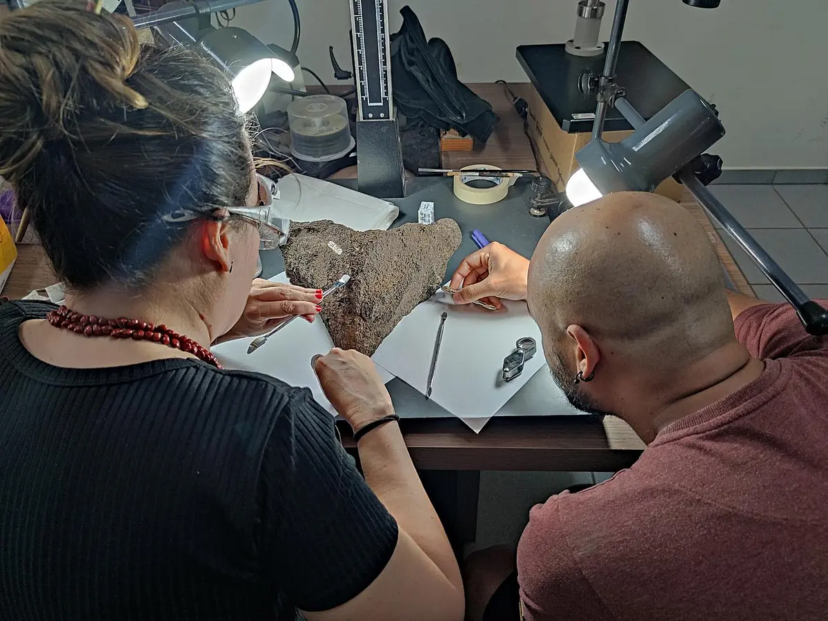 Eine Wissenschaftlerin und ein Wissenschaftler entnehmen Proben des Fossils