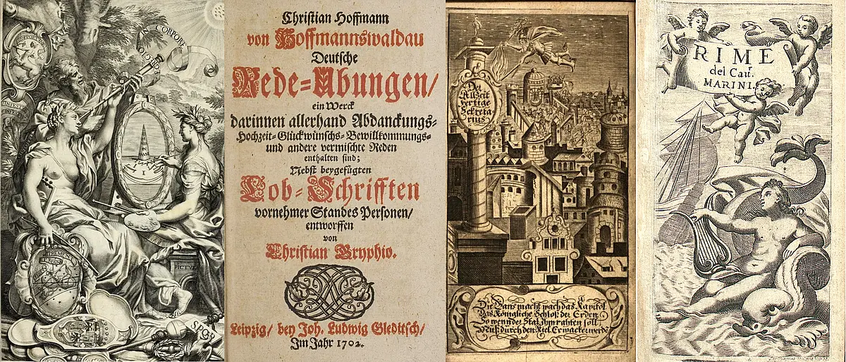 Collage, bestehend aus: Emanuele Tesauro: Il Cannocchiale Aristotelico, Turin 1670, Frontispiz; Christian Hoffmann von Hoffmanswaldau: Deutsche Rede-Übungen, Leipzig 1702, Titelblatt; Kaspar von Stieler: Der Allzeitfertige Secretarius, Nürnberg 1693, Frontispiz; Giambattista Marino: La lira. Rime. Venedig 1674.
