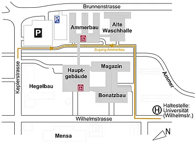 Barrierefreier Zugang zum Ammerbau: von Keplerstr. nach der Brücke rechts abbiegen oder von der Haltestelle Universität zwischen den Weg zwischen Bonatzbau und Clubhaus nehmen. Dann nach der Brücke links abbiegen. 