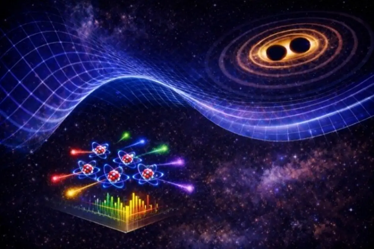 Gravitationswellen verändern die Frequenz und damit die Farbe von Licht, das Atome abgeben. Die exakte Messung dieser Frequenzwechsel könnte einen neuen Weg eröffnen, Gravitationswellen zu messen. 