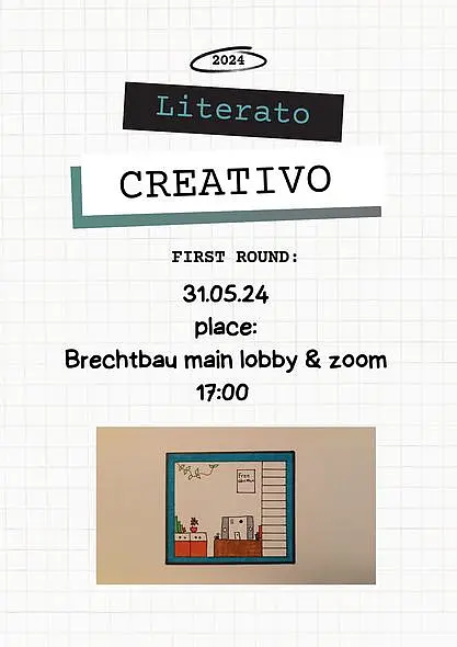 Poster: Literato Creativo 2024, First Round 31.05.2024, place: Brechtbau Main Lobby & Zoom, 17:00, painted picture of a living room with books