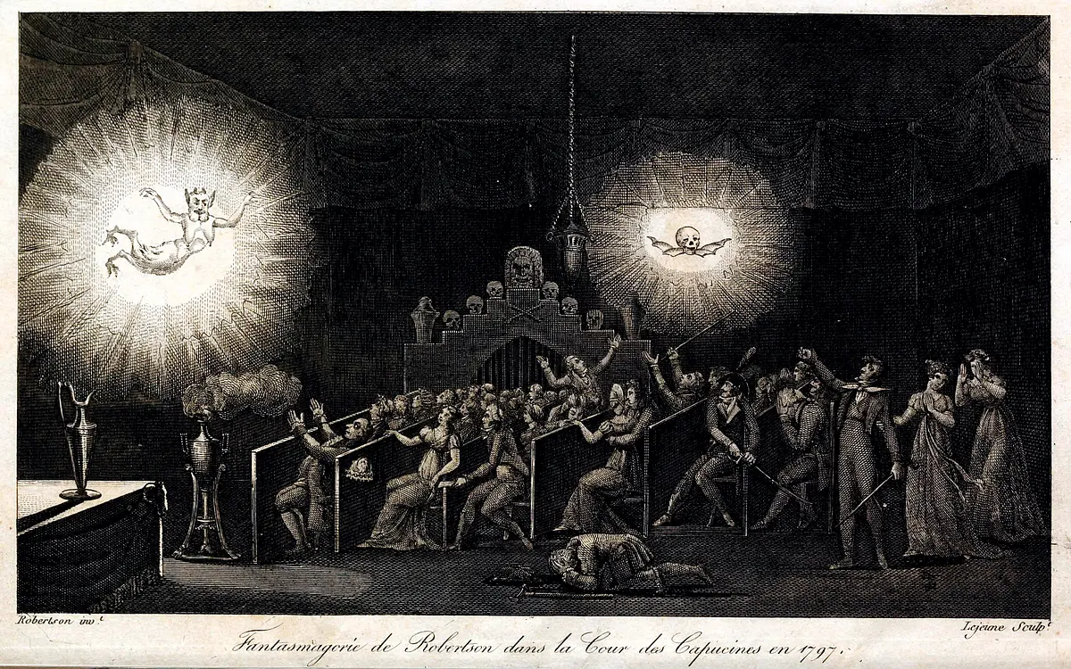 Fantasmagorie de Robertson dans la Cour des Capucines en 1797. In: Étienne-Gaspard Robert: Mémoires récréatifs, scientifiques et anecdotiques […]. Tome premier. Paris: Chez l'auteur et à la Librairie de Wurtz 1831 [Frontispitz].
