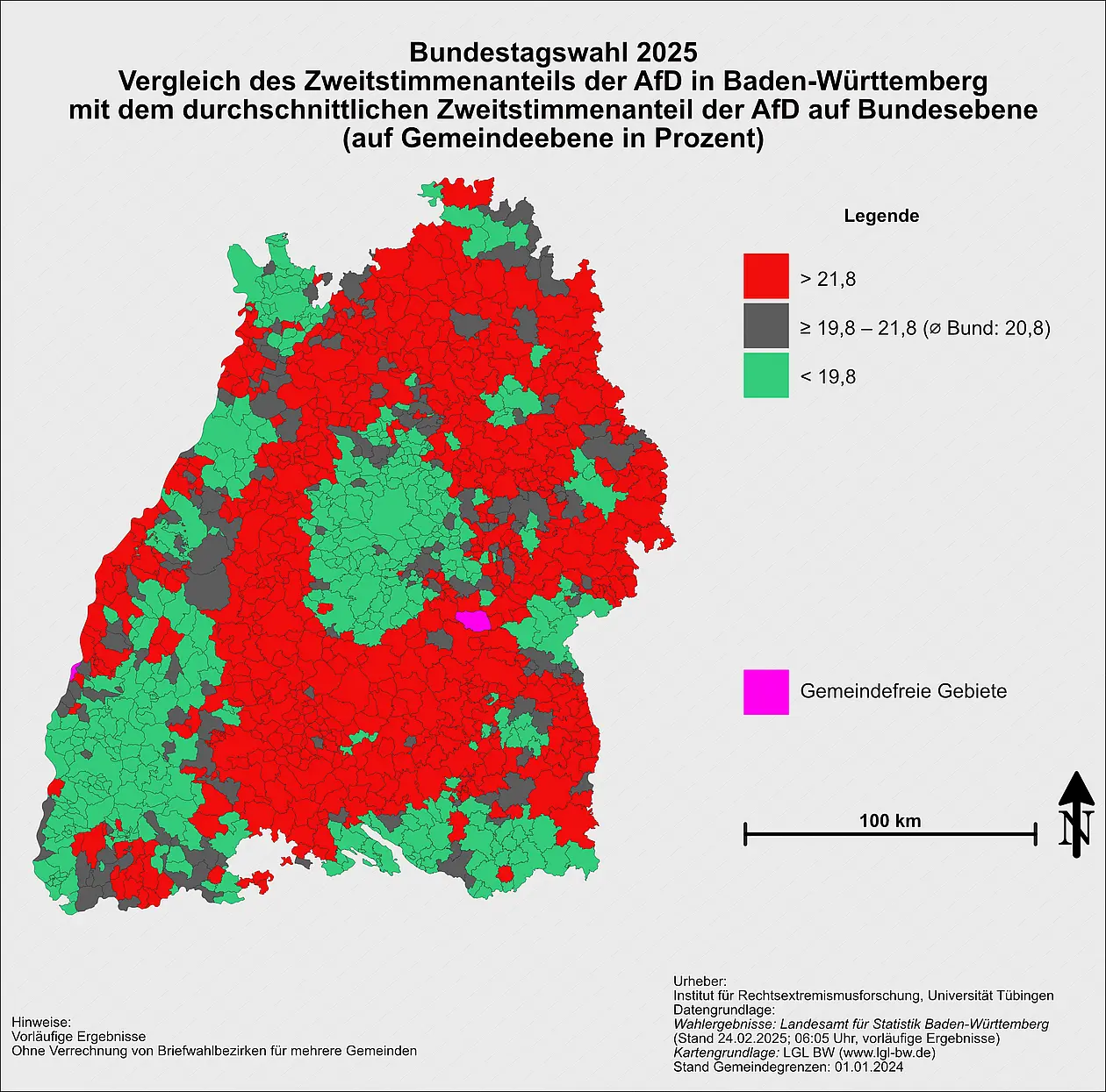 Die Karte zeigt den Vergleich des Zweitstimmenanteils der AfD in Baden-Württemberg im Vergleich zum Bundesdurchschnitt (klassiert).