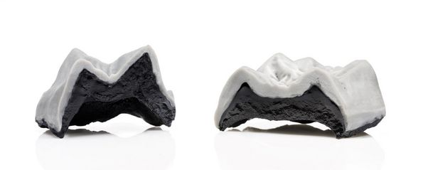 Molars of the two great apes as a 3D print, magnified by a factor of ten: Buronius manfredschmidi tooth enamel (left) is very thin, indicating it was a herbivore. The thick tooth enamel of Danuvius guggenmosi (right) suggests  it was an omnivore.   