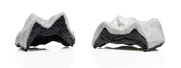 Backenzähne der beiden Menschenaffen als 3D-Druck in ca. 10-facher Vergrößerung: Der sehr dünne Zahnschmelz von Buronius manfredschmidi (links) weist darauf hin, dass er Pflanzen-fresser war. Der dicke Zahnschmelz von Danuvius guggenmosi (rechts) lässt auf einen „Alles-fresser“ schließen. 