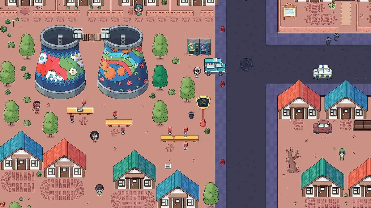 Grafische Darstellung im Computerspiel: Soweto-Township mit zwei Kühltürmen eines ehemaligen Heizkraftwerks und kleinen Häusern