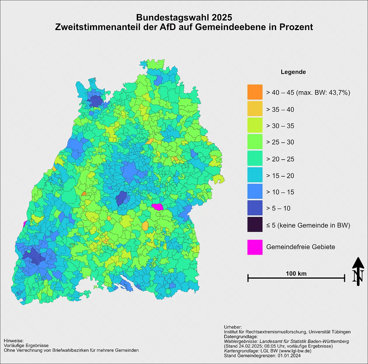 Die Karte zeigt den Zweitstimmenanteil der AfD in Baden-Württemberg auf Gemeindeebene (in Prozent)