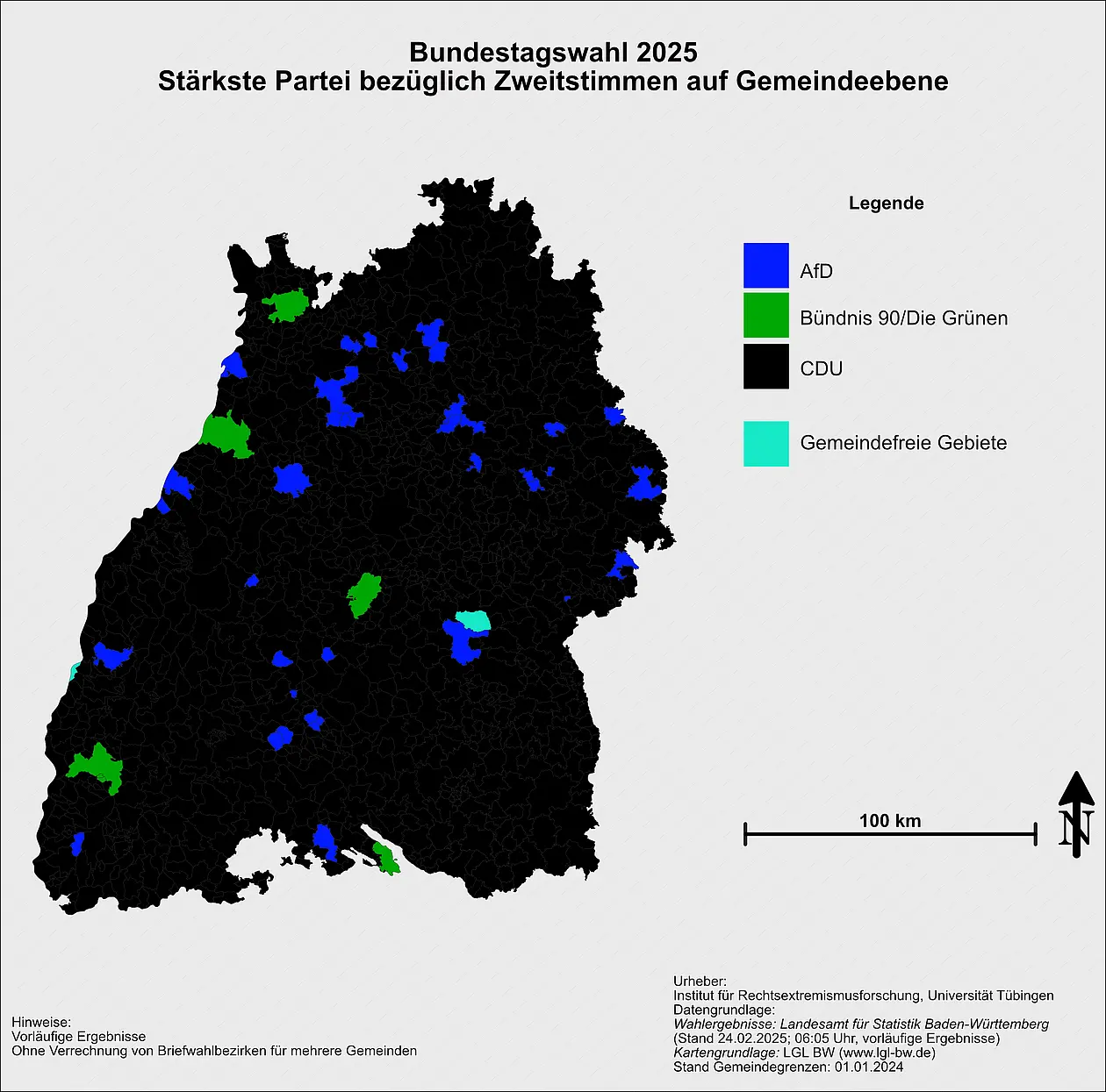 Die Karte zeigt die stärkste Partei nach Zweitstimmen in Baden-Württemberg auf Gemeindeebene.