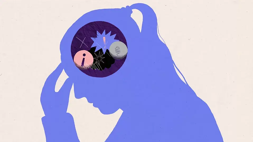 Als lilafarbenen Umriss sieht man eine Frau, die sich an den Kopf fasst. In ihrem Kopf sieht man schematisch Organellen des Gehirns. OCD and the Brain