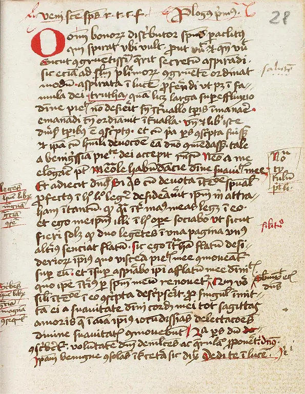 Gertrud von Helfta: Legatus divinae pietatis, Liber II, Hds.: Kartause Köln 1473, Darm-stadt, Hessische Landes- und Hochschul¬bibliothek, Hs. 84, fol. 28r. URL: http://tudigit.ulb.tu-darmstadt.de/show/Hs-84/0057