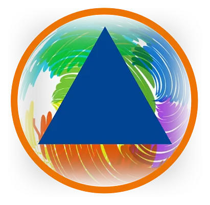Projektlogo. In Anlehnung an das Zivilschutzzeichen, ein blaues Dreieck auf mehrfarbigem Hintergrund umgeben von einem orangen Kreis.