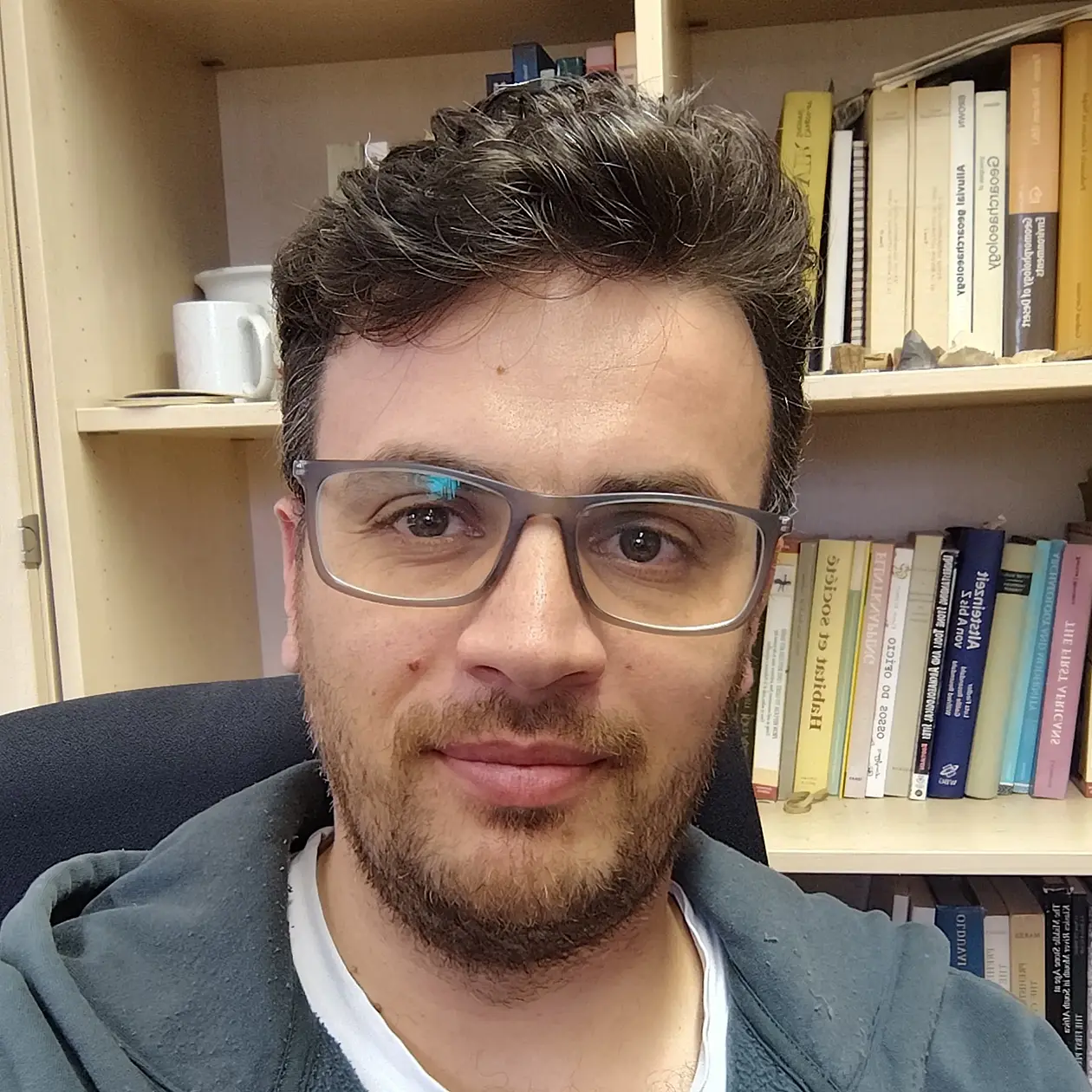 A selfie of Majid Aljaber Abo Fakher, a man with dark brown hair with some grey, word longer on top, with rectangular glasses and a short beard. He wears a blue grey hooded sweater jacket and a white T-Shirt. He sits in front of a light wooden book cupboard. 