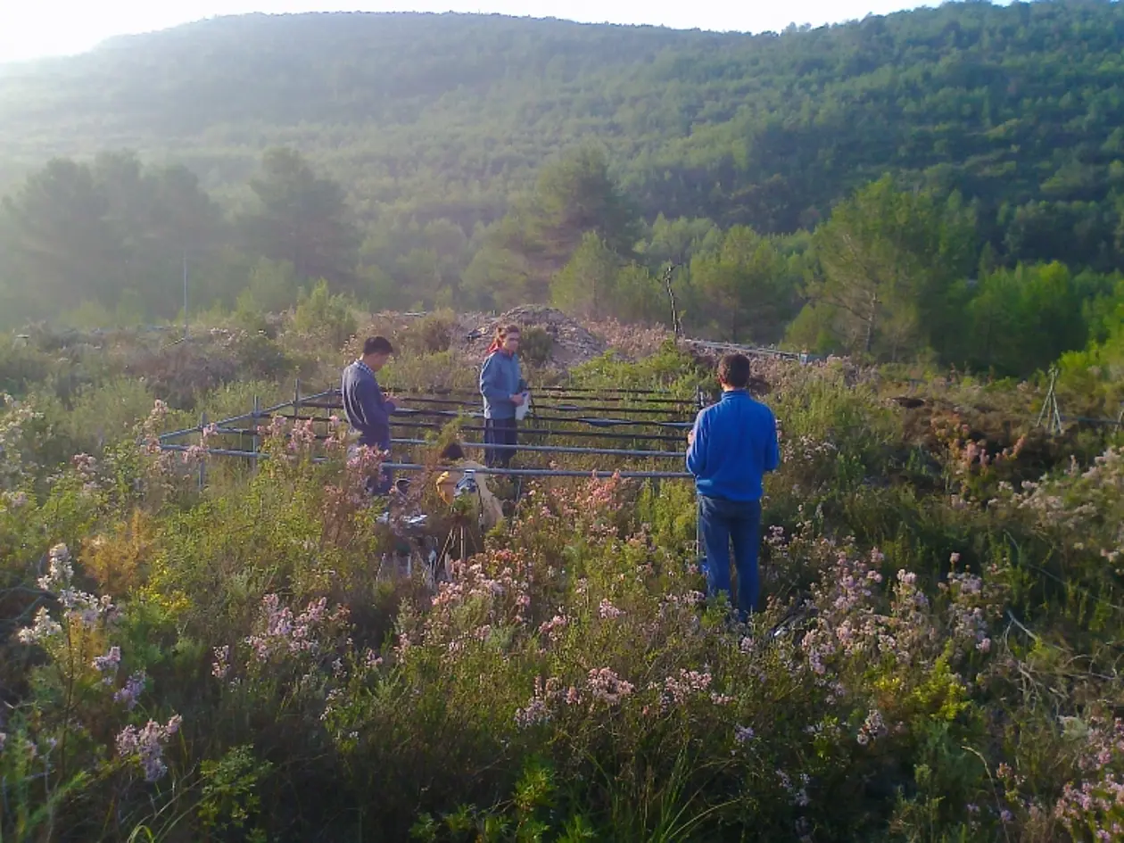 Automatisierte Unterstände im Garraf National Park bei Barcelona, in denen Pflanzen erhöhter Trockenheit oder erhöhten Temperaturen ausgesetzt wurden.