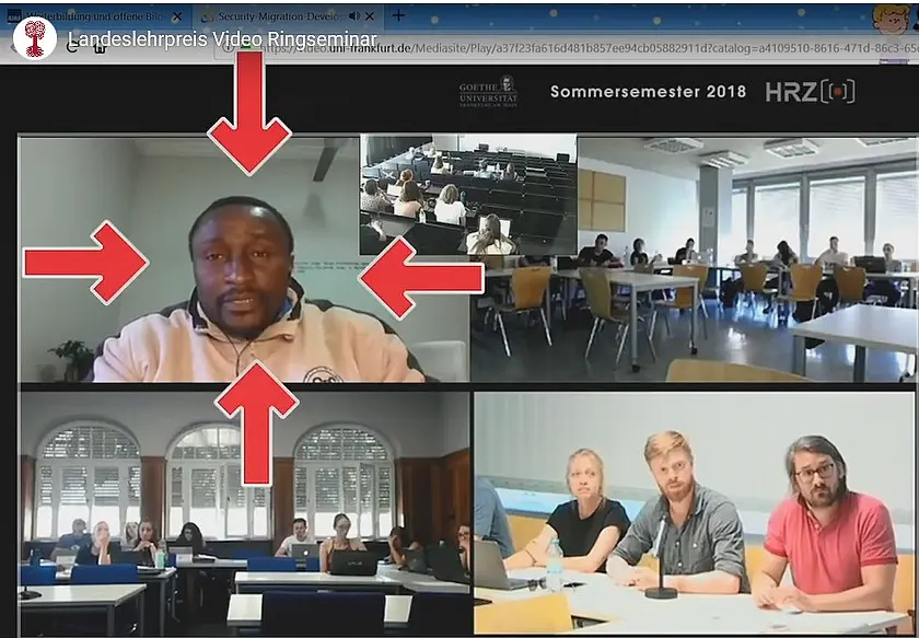 Inverted classroom: die Studierenden bereiten sich zu Hause vor, in der Seminarsitzung wird dann direkt mit dem zugeschalteten Experten, hier Dr. Nishimbi von der University of Pretoria, diskutiert.
