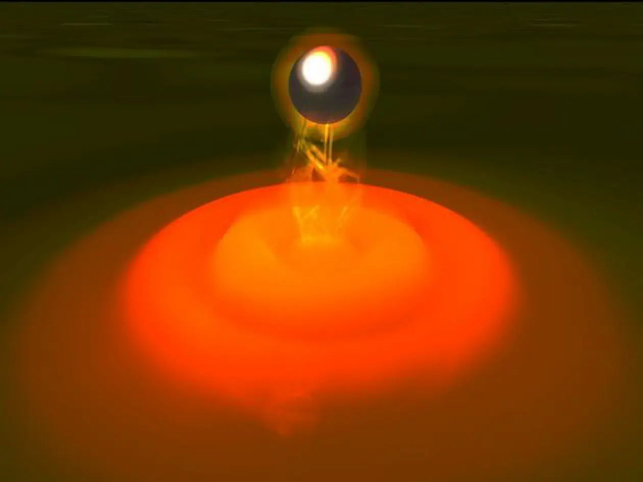 Ein Atom koppelt an ein Oberflächen-Plasmon. Künstlerische Darstellung: Sebastian Slama