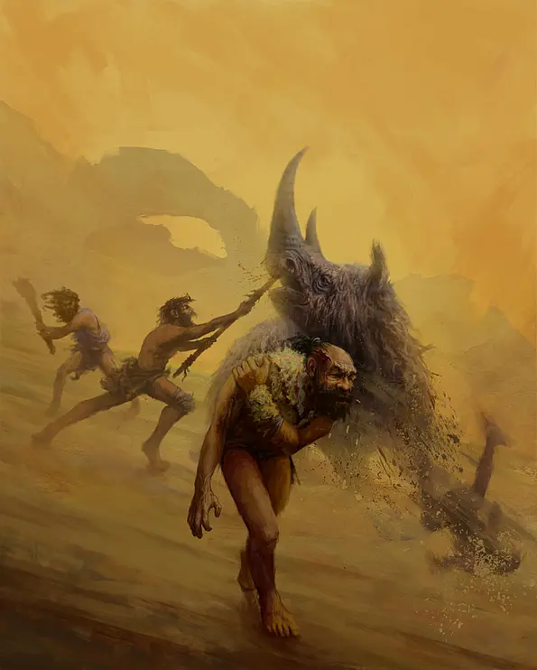 Von Neandertalern wird allgemein angenommen, dass sie gefährliche Jagdtechniken mit Kurzdistanzwaffen bei der Jagd nutzten und keine Wurfwaffen, sondern zum Beispiel Stoßspeere, wie hier dargestellt. Durch diese Jagdmethoden sollten sie in direkten Kontakt mit großen Säugetieren gekommen sein, was im Vergleich mit modernen Menschen eine hohe Rate an Verletzungen, vor allem am Kopf und Hals, zur Folge gehabt hätte. Die Forscher fanden jedoch ähnliche Verletzungsraten an Schädeln von Neandertalern und frühen modernen Menschen, sodass die Hypothese angezweifelt werden muss. 
