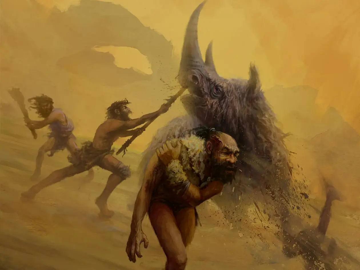 Von Neandertalern wird allgemein angenommen, dass sie gefährliche Jagdtechniken mit Kurzdistanzwaffen bei der Jagd nutzten und keine Wurfwaffen, sondern zum Beispiel Stoßspeere, wie hier dargestellt. Durch diese Jagdmethoden sollten sie in direkten Kontakt mit großen Säugetieren gekommen sein, was im Vergleich mit modernen Menschen eine hohe Rate an Verletzungen, vor allem am Kopf und Hals, zur Folge gehabt hätte. Die Forscher fanden jedoch ähnliche Verletzungsraten an Schädeln von Neandertalern und frühen modernen Menschen, sodass die Hypothese angezweifelt werden muss.