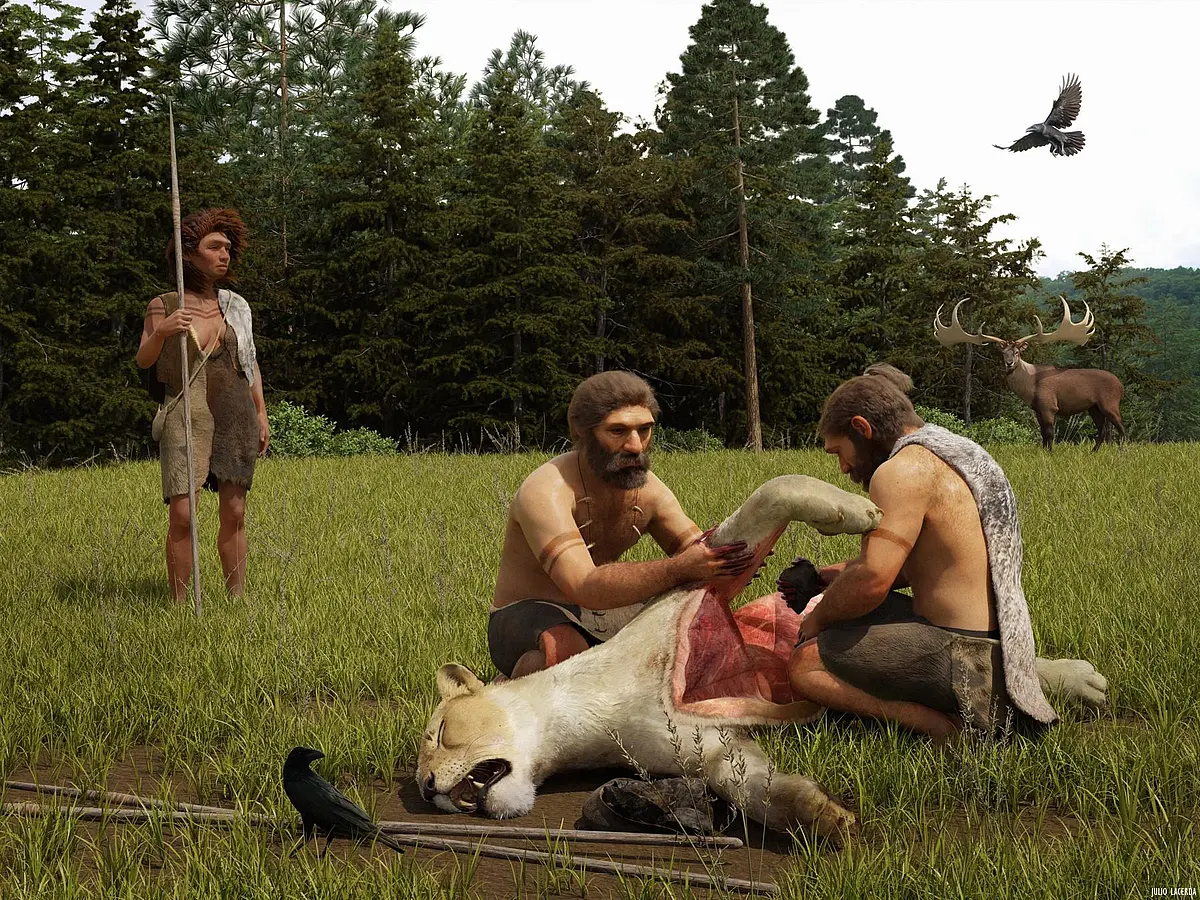 Neanderthals butchering the cave lion of Siegsdorf (Bavaria, Germany). A giant deer may be seen in the background. 