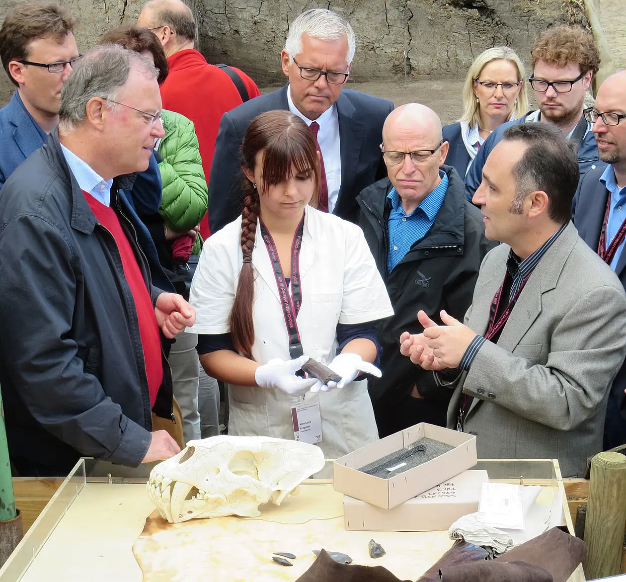 Der niedersächsische Ministerpräsident Stephan Weil (links) informiert sich in Schöningen über den Fortgang der archäologischen Ausgrabung beim Grabungsleiter, Dr. Jordi Serangeli von der Universität Tübingen (rechts). In der Mitte die Restauratorin Anna-Laura Krogmeier. Besonders interessant sind die Reste, insbesondere Zähne, einer Säbelzahnkatze (unten rechts der Schädelabguss eines Homotherium cf.  crenatidens aus China). Foto J. Lehmann.