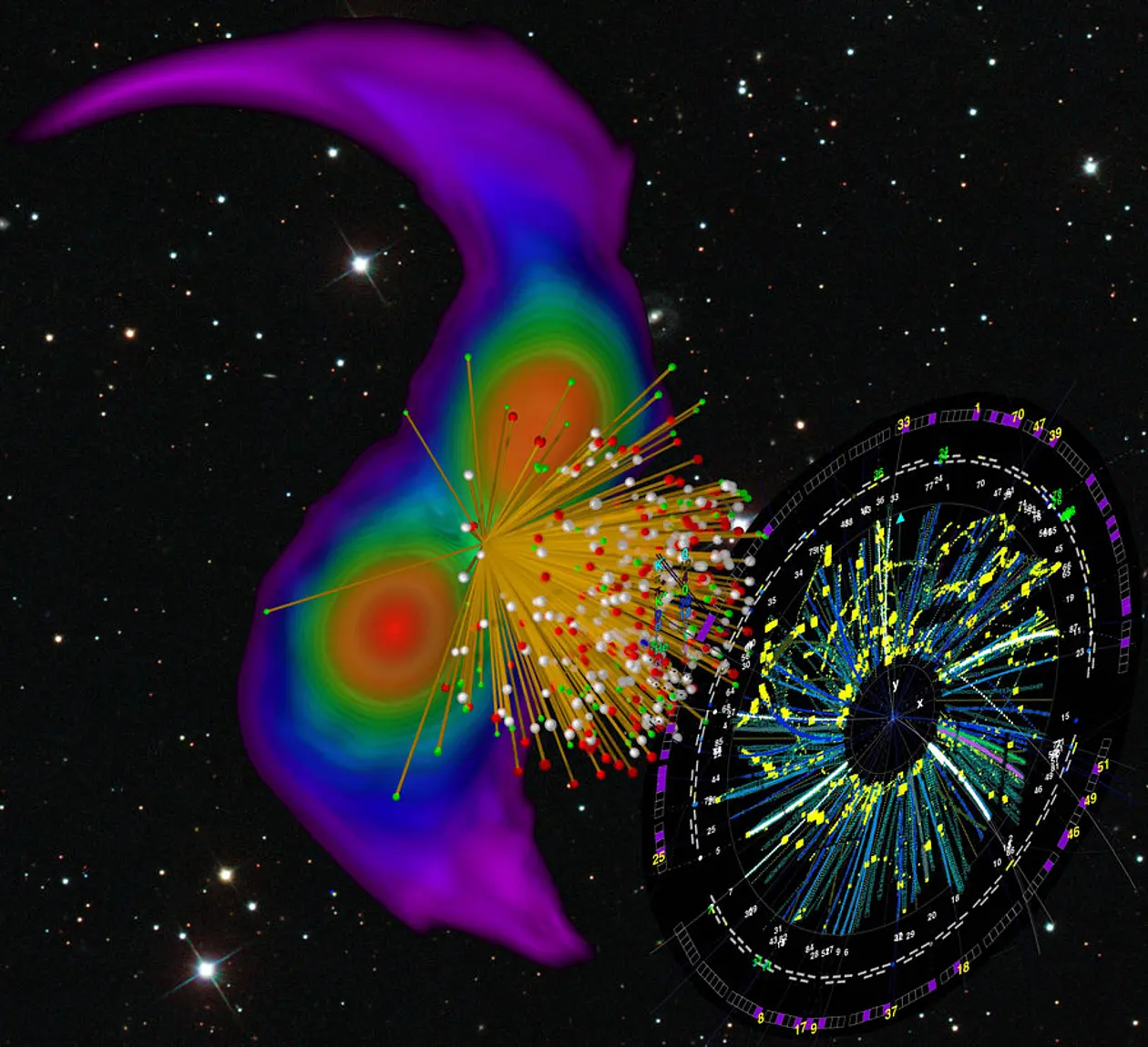 Artist’s rendering showing the simulation of two merging neutron stars (left) and the emerging particle tracks that can be seen in a heavy-ion collision (right) that creates matter under similar conditions in the laboratory.