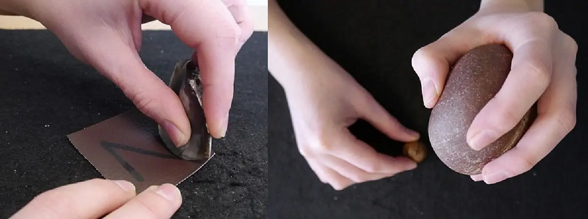 A researcher demonstrates which tasks the participants were asked to perform during the experiment – here in the planning phase: on the left, making precise cuts in leather; on the right, cracking nuts using stone tools. 