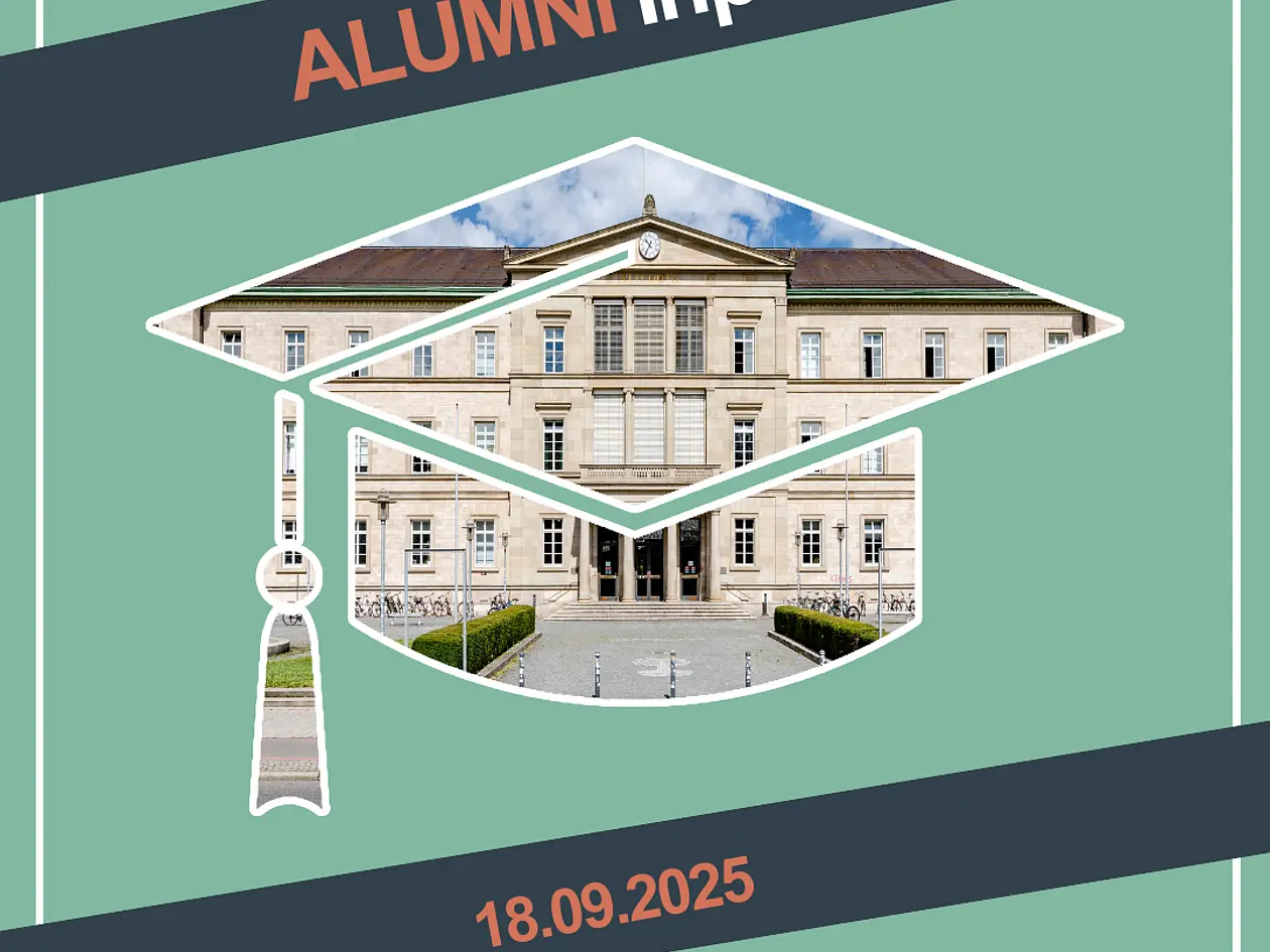 Moderne trifft Tradition: Die neue Aula im Mittelpunkt unseres Alumni-Events! Vor einem mintgrünen Hintergrund hebt sich die Silhouette der Aula ab – gekrönt von der ikonischen Schablone eines Alumni-Huts. Klare Schriftzüge präsentieren die wichtigsten Event-Infos, während das Design eine Verbindung zwischen Vergangenheit und Zukunft schafft.