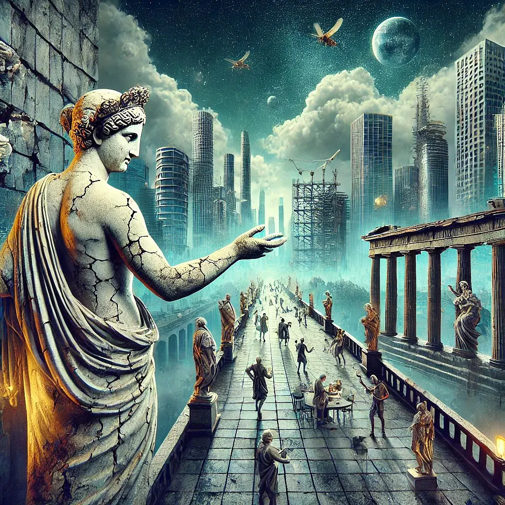 Crumbling ancient statues on a bridge, modern skyscrapers in the background. 
