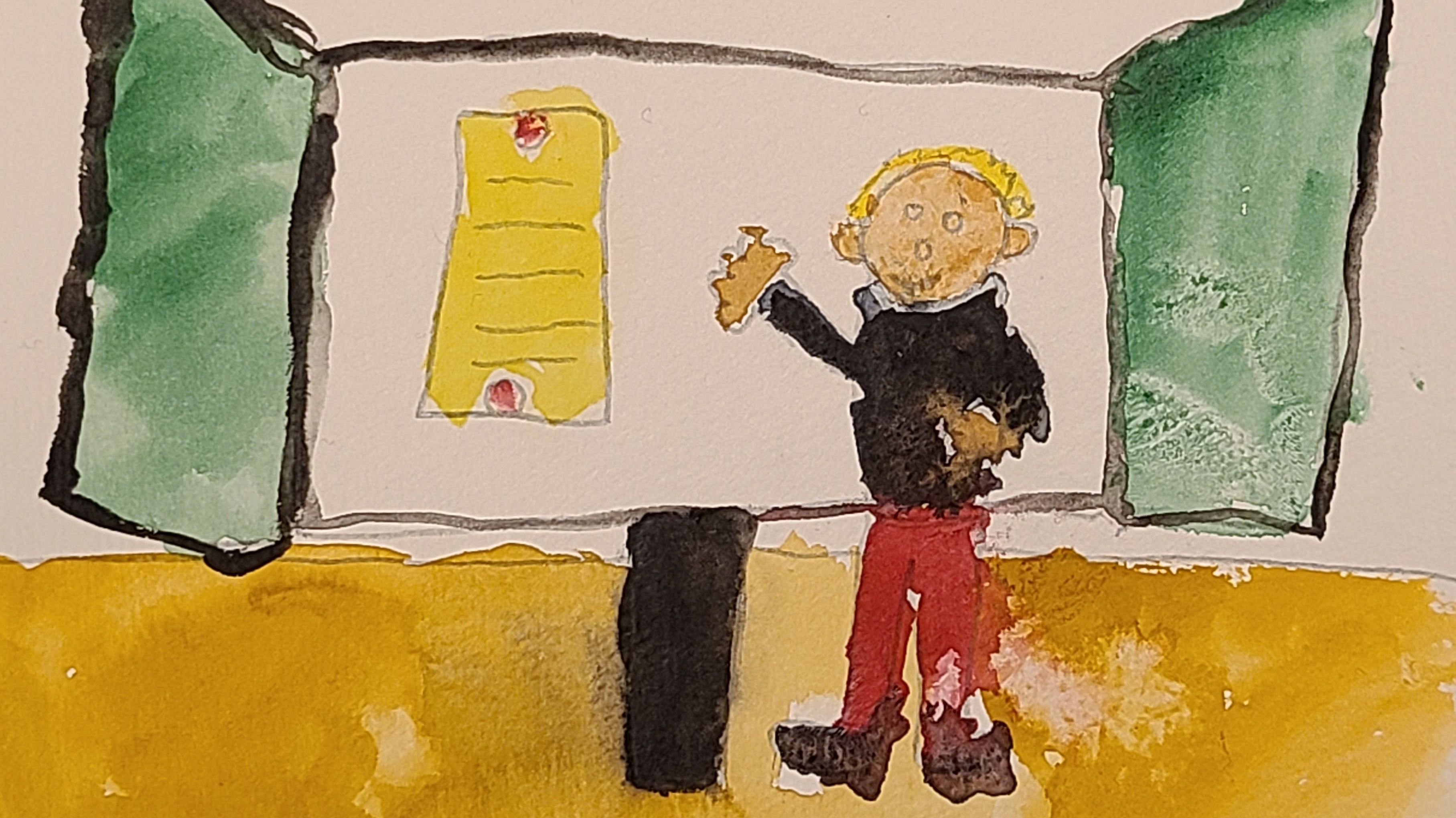 Wasserfarbenzeichnung zum Thema Lehre. Auf der Wasserfarbenzeichnung ist zu sehen wie ein Doktorand seine Promotion erhält